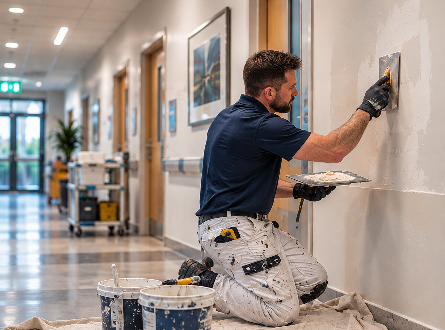 Decorator working on a corridor refurbishment