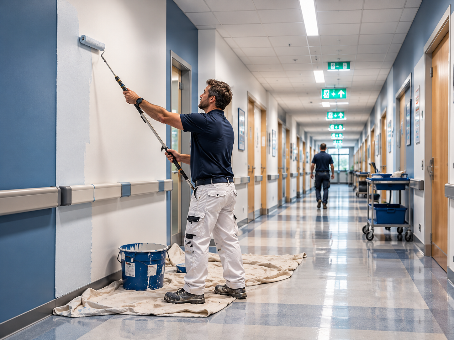 Decorator painting a commercial corridor